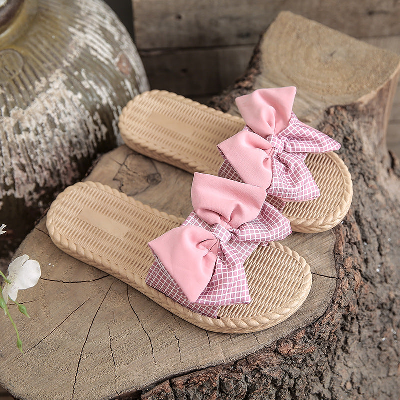 Bow-tie slides women's outdoor beach sandals 2024 summer new fashion plaid non-slip soft sole thong sandals