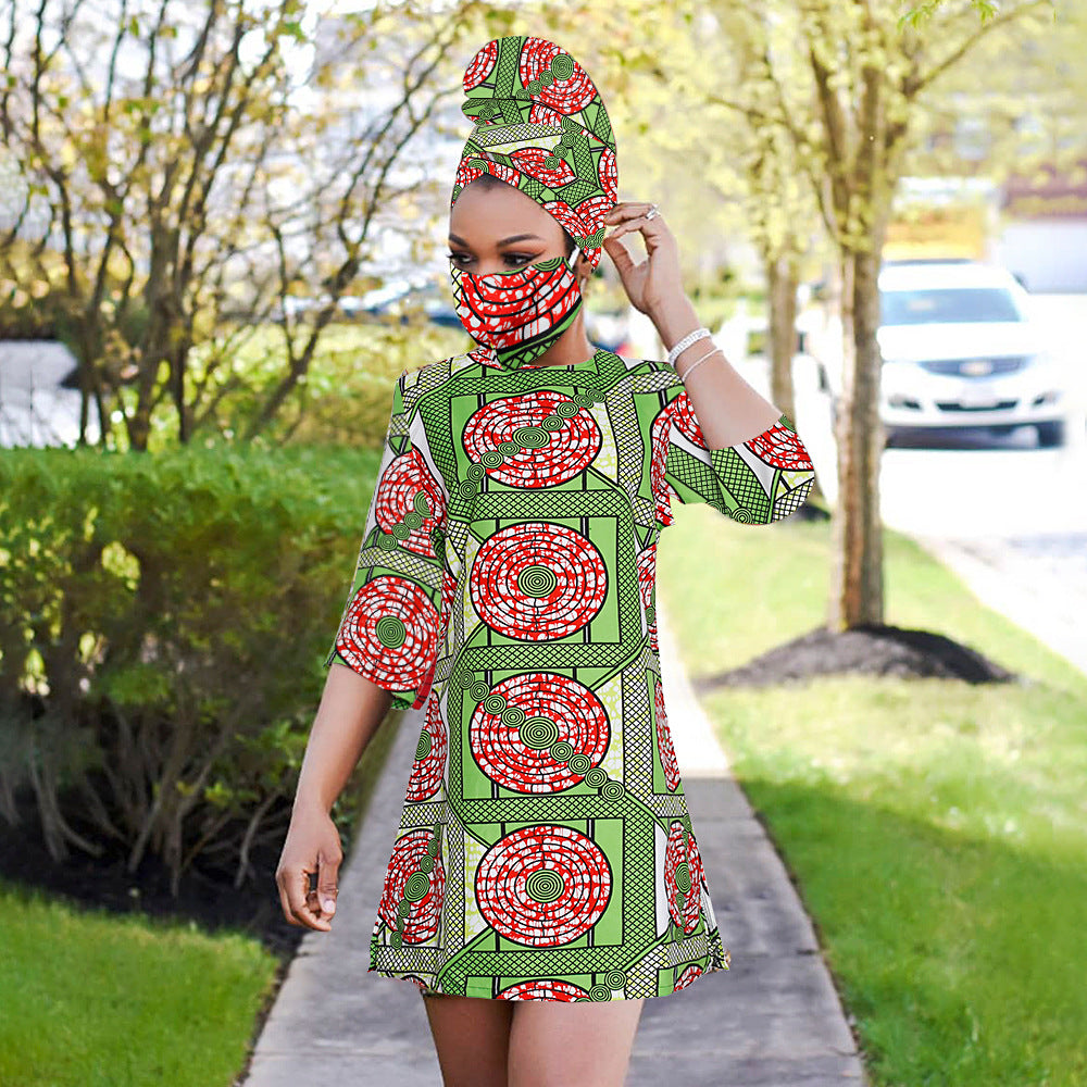 African women's fashion: european and american cross-border e-commerce,   new collection - wax print dress with matching headscarf and face mask