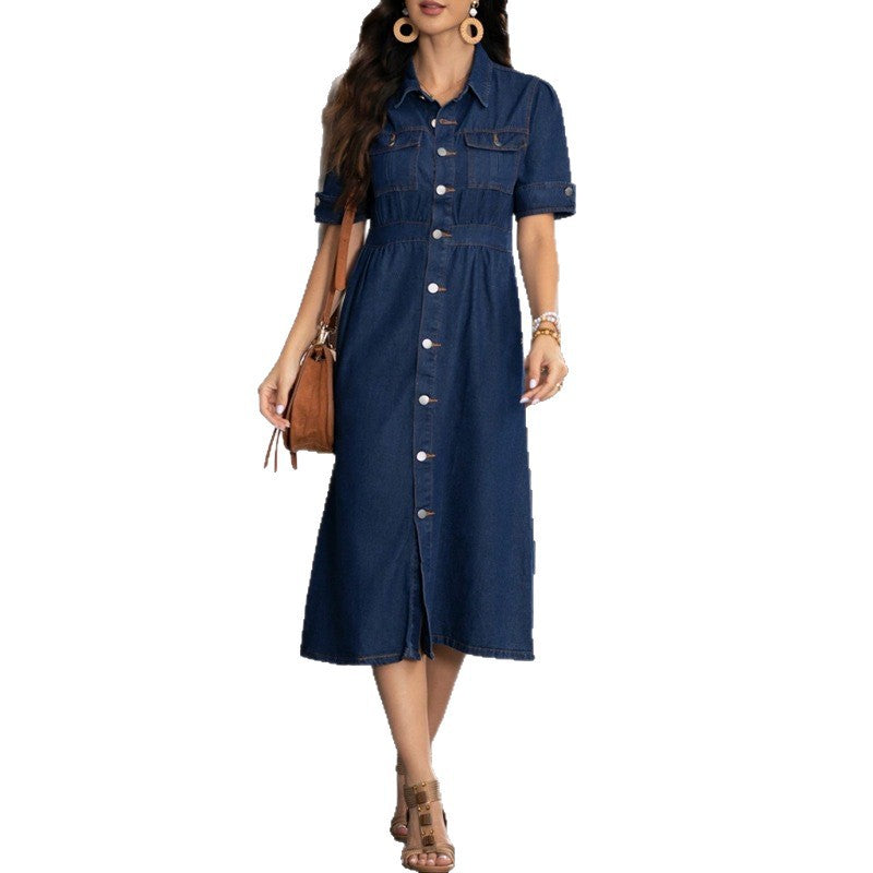 summer lapel shirt denim dresselegant hair quality elegancecasualslimming look a-line skirt mid-length skirt