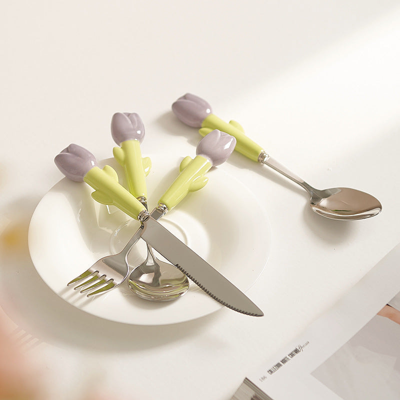 Simple 304 stainless steel kids knife, fork and spoon combination, high-looking spoon, tulip ceramic handle, steak knife