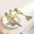 Simple 304 stainless steel kids knife, fork and spoon combination, high-looking spoon, tulip ceramic handle, steak knife