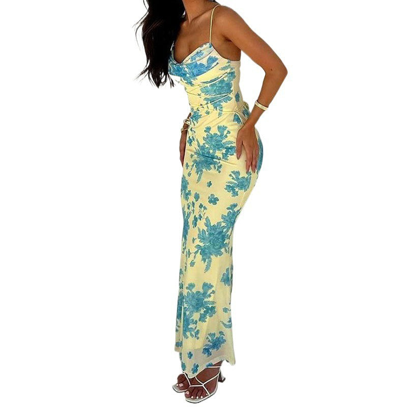 summer new women's clothing: cross-border european and american hot seller - fashionable and elegant floral print bodycon slip dress