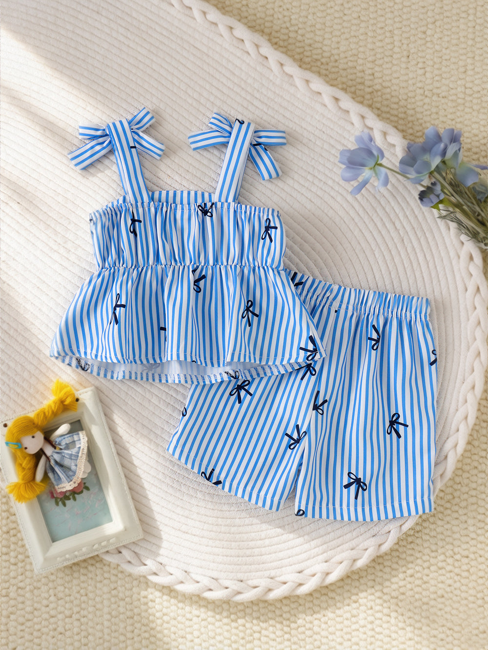 Kids clothing cross-border i  fashion children's clothing new arrival children's blue stripes vest + shorts