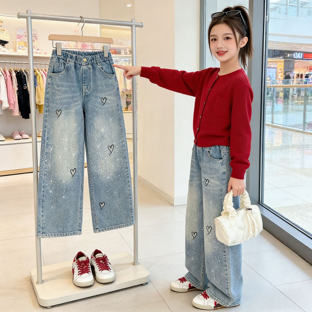Girls' jeans: new spring collection - heart-shaped rhinestone embellished straight-leg pants,  spring, mid-to-large size, stylish and height-enhancing