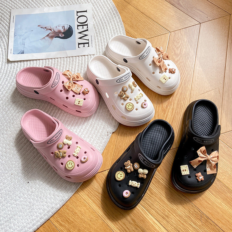 Best sellingthick sole crocs women's summer outwear k-style girl heart bows nurse baotou sandals and slippers wholesale