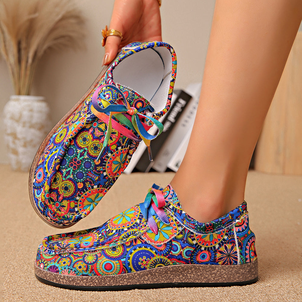 export plus size ethnic style casual flats women's colorful lace-up graffiti low-top canvas shoes wood grain thick sole shoes