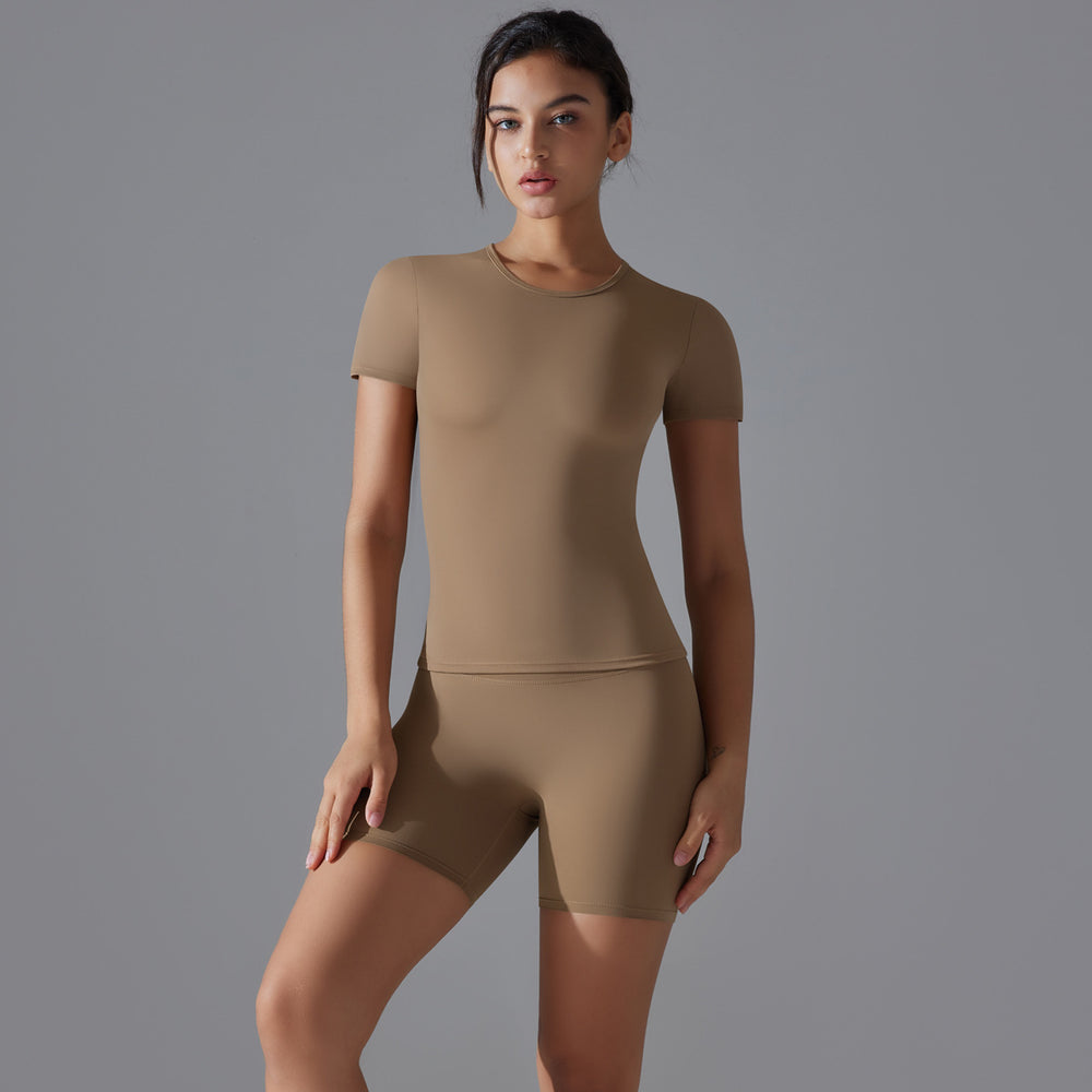 New spring double-sided nylon quick-dry yoga outfit short sleeve fitness set outdoor running sports two-piece set for women