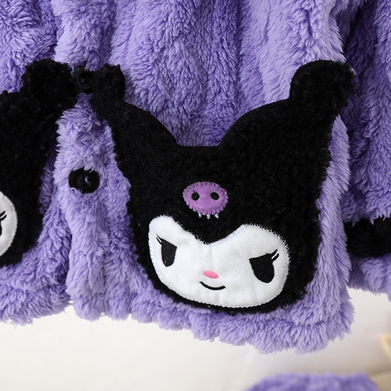 Girls' fall/winter kuromi flannel pajama set - kids' flannel cartoon lapel plush fleece thick loungewear