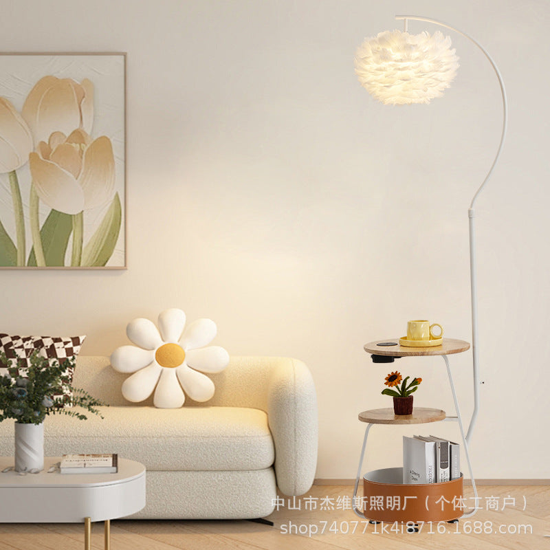 Cream style double layer storage fishing floor lamp gentle white feather lampshade living room sofa side lamp