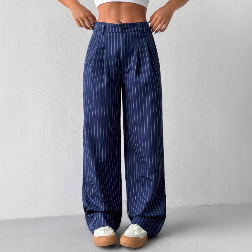 new european and american women's blue striped casual wide-leg trousers for commuting and leisure