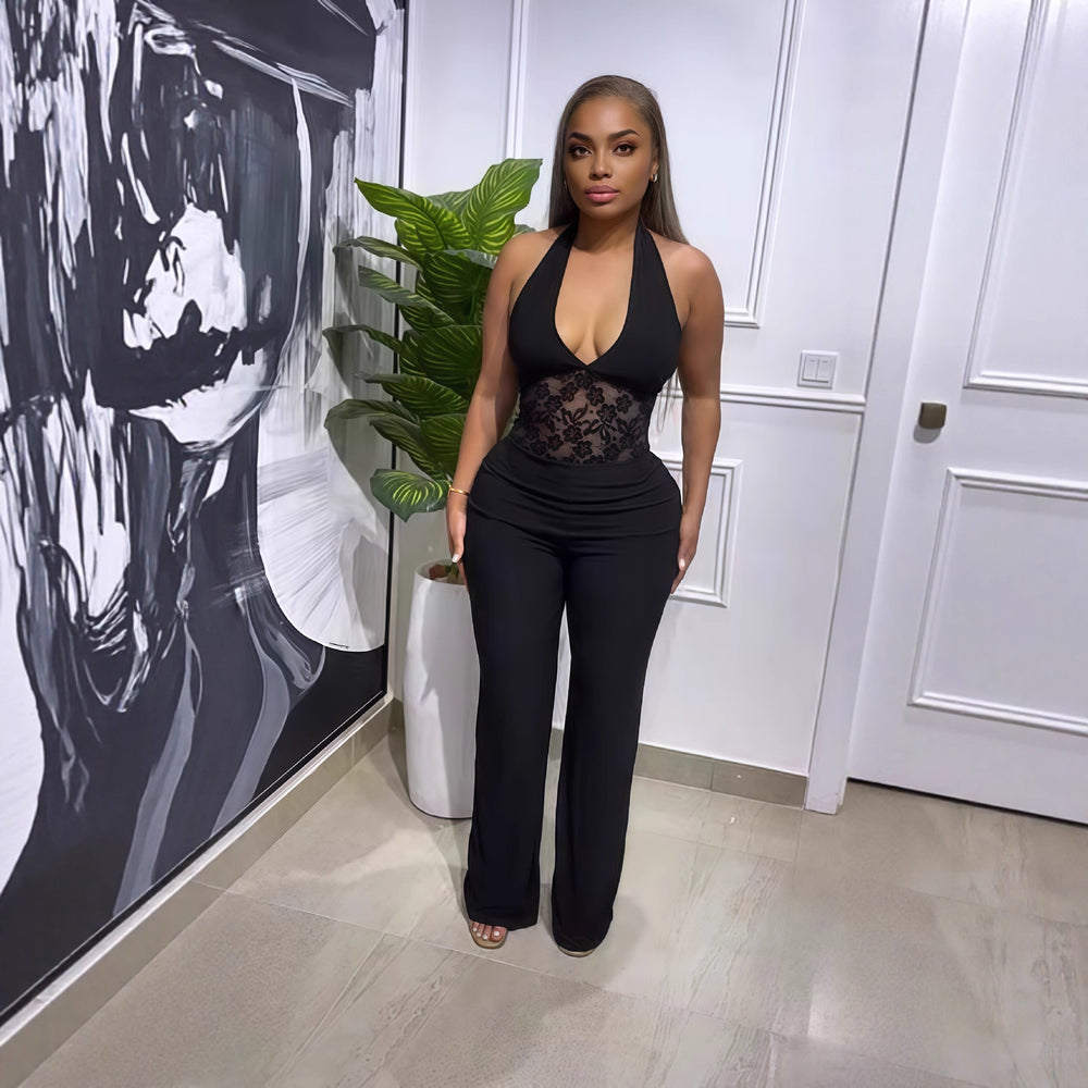 European and american cross-border women's fashion:  autumn new arrival - solid color sleeveless deep v-neck halter neck backless patchwork long jumpsuit