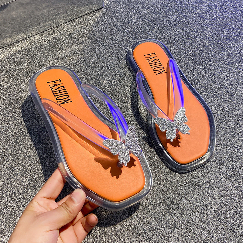 Fashioneasiest for match butterfly flip-flops women's summernew arrival crystal transparent outwearnon-slipabrasion resistant flip-flop sandals