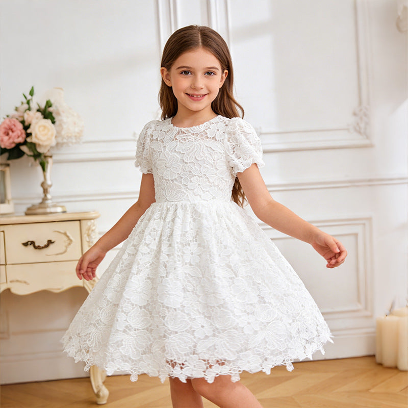 wholesale girls' dresses: lace-trimmed midi skirts, white minimalist style, children's clothing