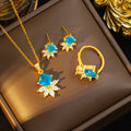 New japanese and korean style copper inlaid zircon blue zircon necklace, earrings, and ring set - unique design, high-end fashion, sweater chain jewelry
