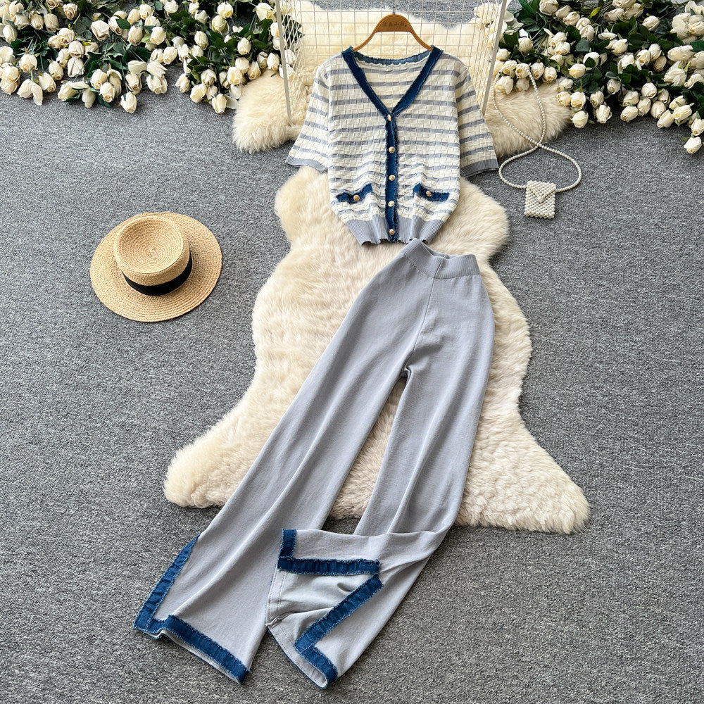Light mature style stripesknittingcardiganloose pantstwo-piece setfemalesummer silmslimming lookfashionelegantsuit