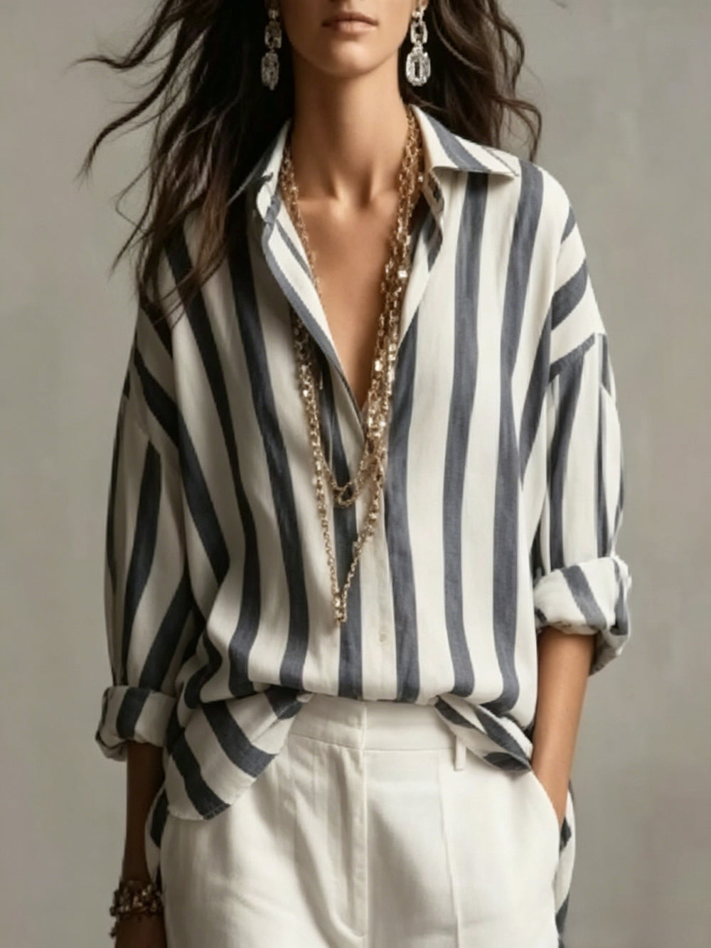 european and american cross-border  independent station spring, summer and autumn new women's clothing striped lapel loosefashion pullover women