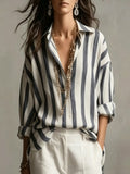 european and american cross-border  independent station spring, summer and autumn new women's clothing striped lapel loosefashion pullover women