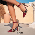 Women's red two-tone leopard print high heels - pointed toe stiletto pumps for evening parties and events - minimalist hollow-out design