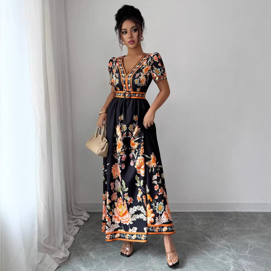 spring new arrival: v-neck ethnic print satin wrap maxi dress