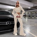 European and american cross-border women's fashion:  autumn new collection - solid color crew neck flared long sleeve top and skinny flare pants two-piece set
