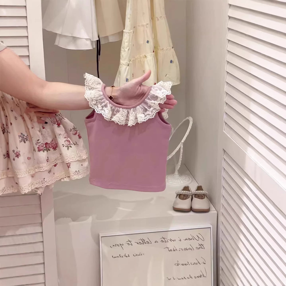 【dropshipping】girls' outfit set:  summer new style kids' lace-trimmed sleeveless top & chic floral dress for baby