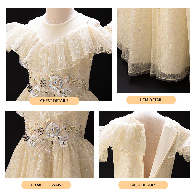 Girls' high-end flower girl dresses, wedding gowns, runway show, little girl host performance, long sequined dresses, foreign trade cross-border