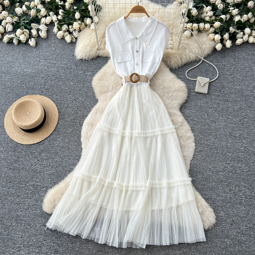 French white shirt patchwork a-line cake dress - summer slimming, waist-defining, commute-ready, elegant style