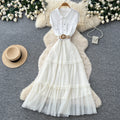 French white shirt patchwork a-line cake dress - summer slimming, waist-defining, commute-ready, elegant style