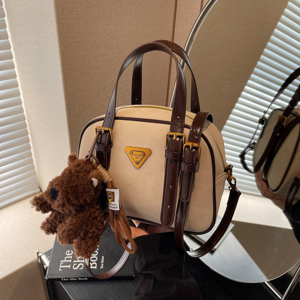 Vintage portable Boston bag for women 2025 autumn and winter new Korean contrasting color fashion bowling bag Korean shoulder bag