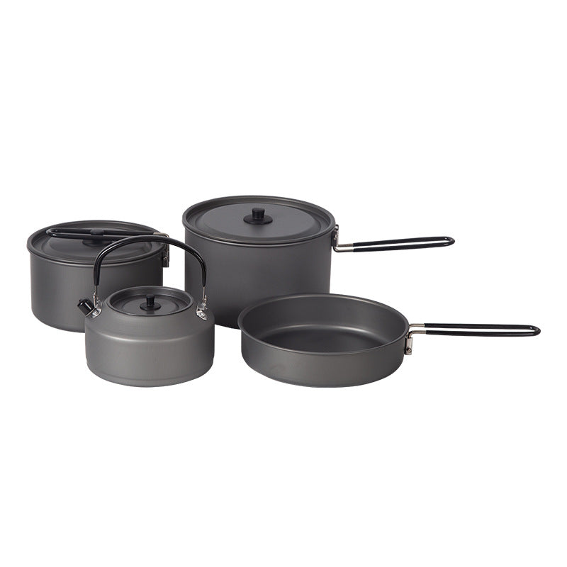 Outdoor cookware set: kettle, frying pan, cooking pot - camping gear, camping cookware, portable foldable cookware for portable stoves (e.g., butane stoves)