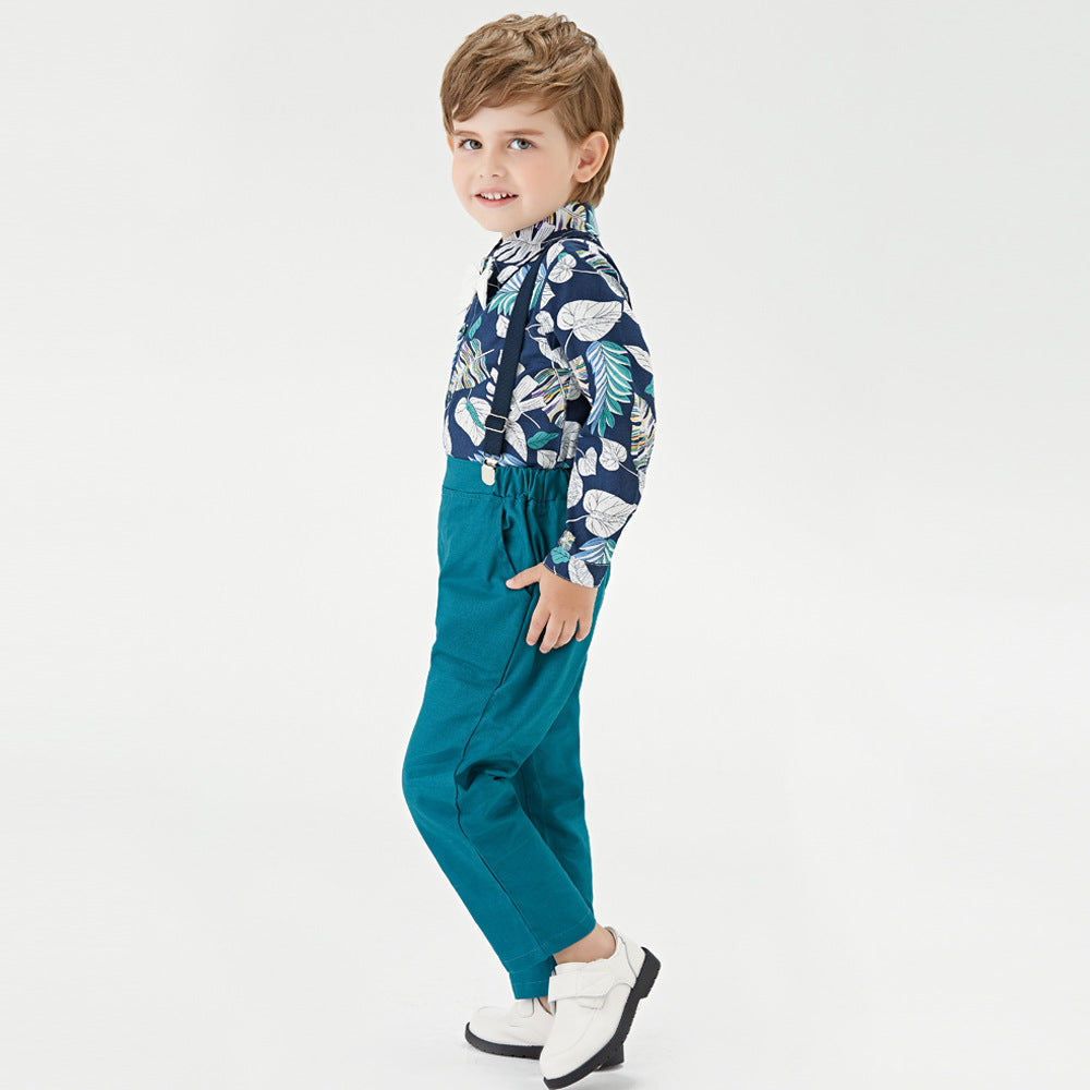 Wholesale foreign trade children's clothing: hong kong style boys' shirt floral top and dark trousers set - new spring collection for cross-border e-commerce