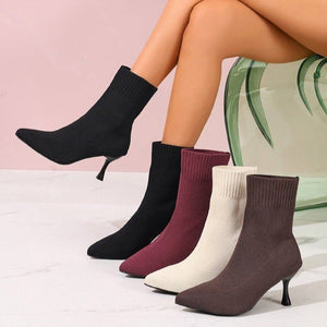 fly-knit high-heeled fashion boots for women fashionautumnew arrival thin heels plus size pointed toe sleeve elastic sock boots