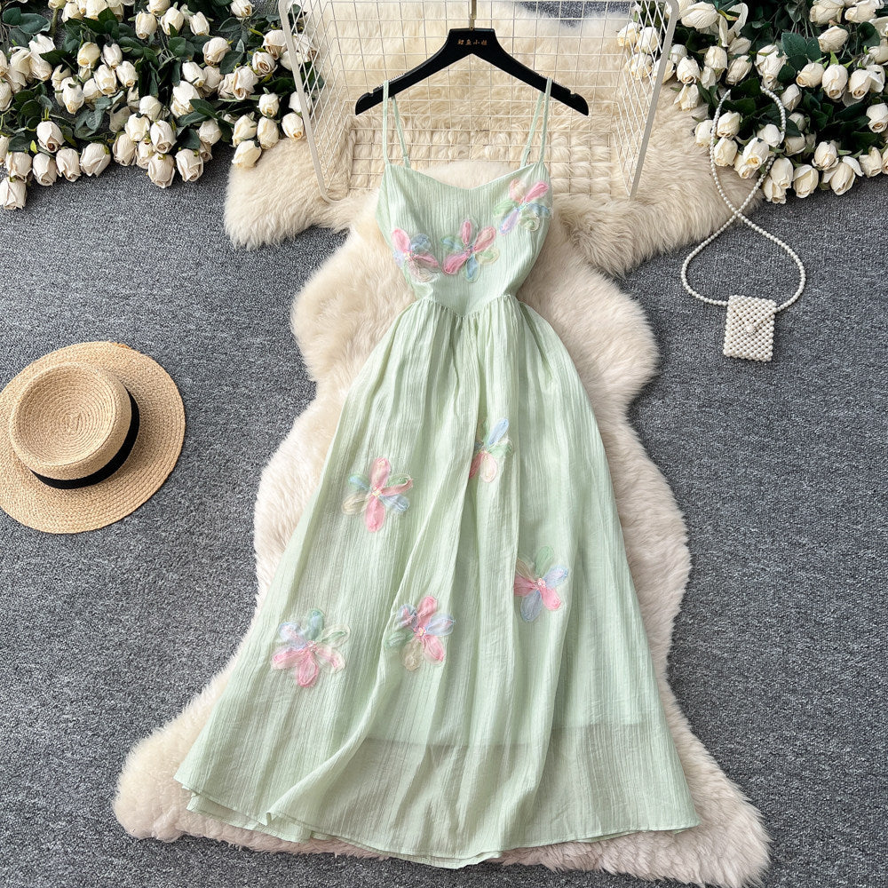 French riviera style sweet cami dress - women's designer dress with intricate 3d floral appliqués and cinched waist