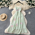French riviera style sweet cami dress - women's designer dress with intricate 3d floral appliqués and cinched waist