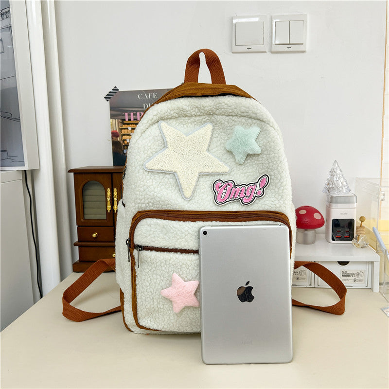 2025 new lambswool patchwork spring outing backpack - cute korean style student backpack, fresh and sweet plush women's bag