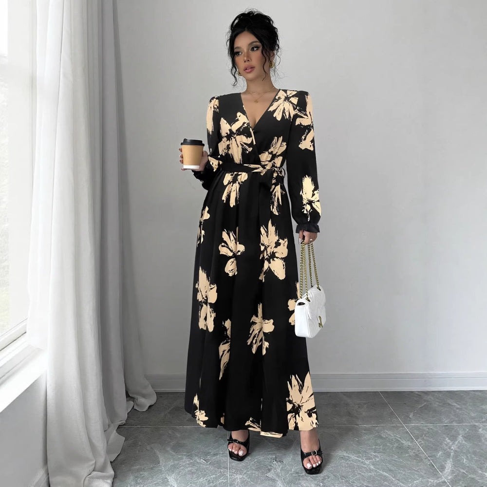 Amazon cross-border wholesale fashionable european and american style women's printed v-neck waist-defining dress