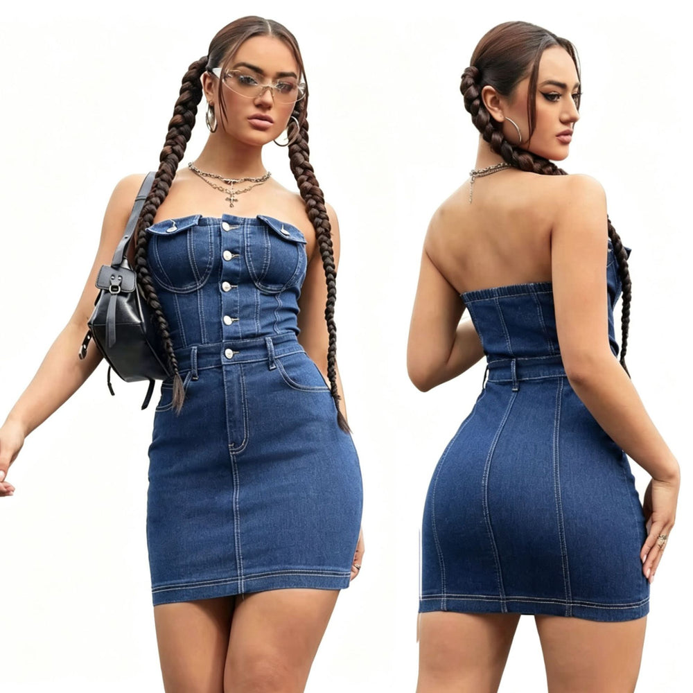 European and american  cross-border  summer sexy slim-fit fashion trendy bandeau denim dress