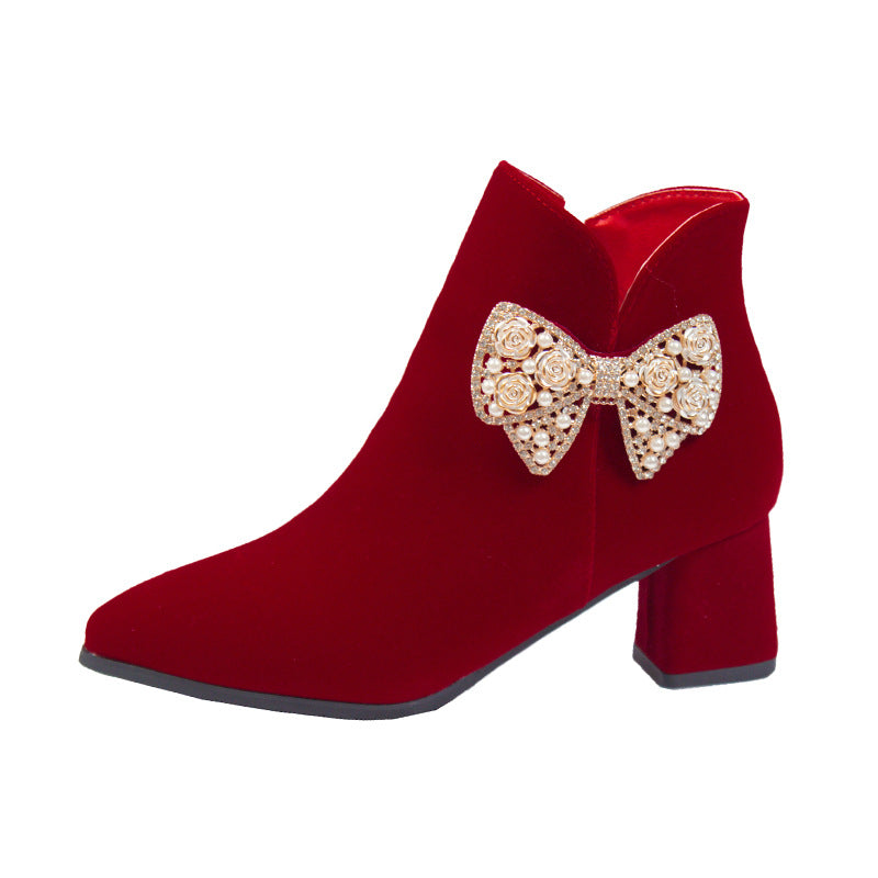 Boots women's outwear 2024 fall and winter style pointed thick heel xiuhe red bridal shoes suede short boots wedding shoes