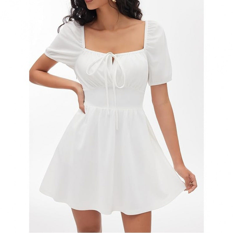 Amazon fashion puff sleeve tie back square neck dress women's  summer new cute silm skirt