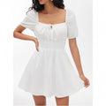 Amazon fashion puff sleeve tie back square neck dress women's  summer new cute silm skirt