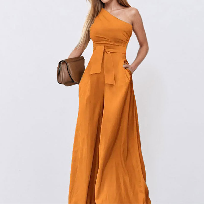 cross-border e-commerce women's fashion: european and american summer new arrivals - stylish and elegant solid color one-shoulder tie-up wide-leg jumpsuit