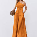 cross-border e-commerce women's fashion: european and american summer new arrivals - stylish and elegant solid color one-shoulder tie-up wide-leg jumpsuit