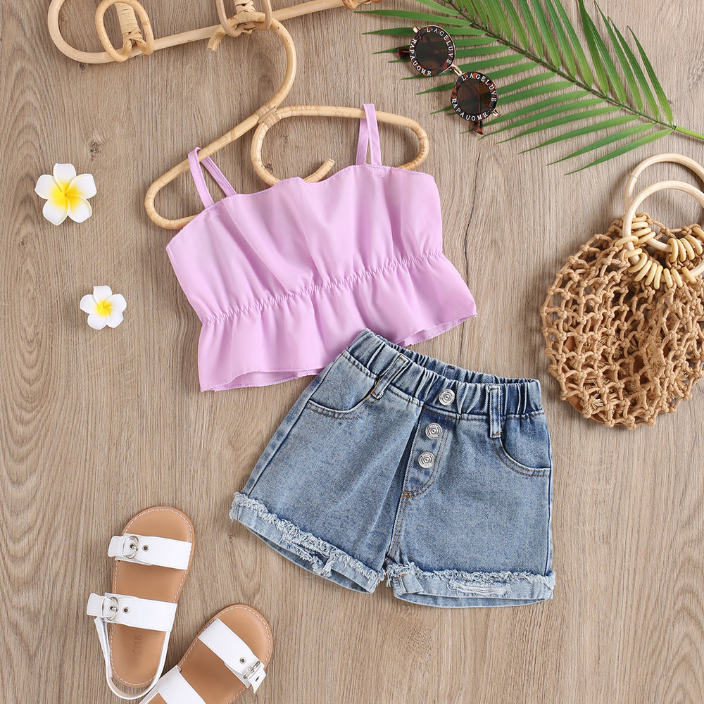 hot children's clothing suspender pleated stereo vest tops washed brushed denim shorts for girls and small children suit