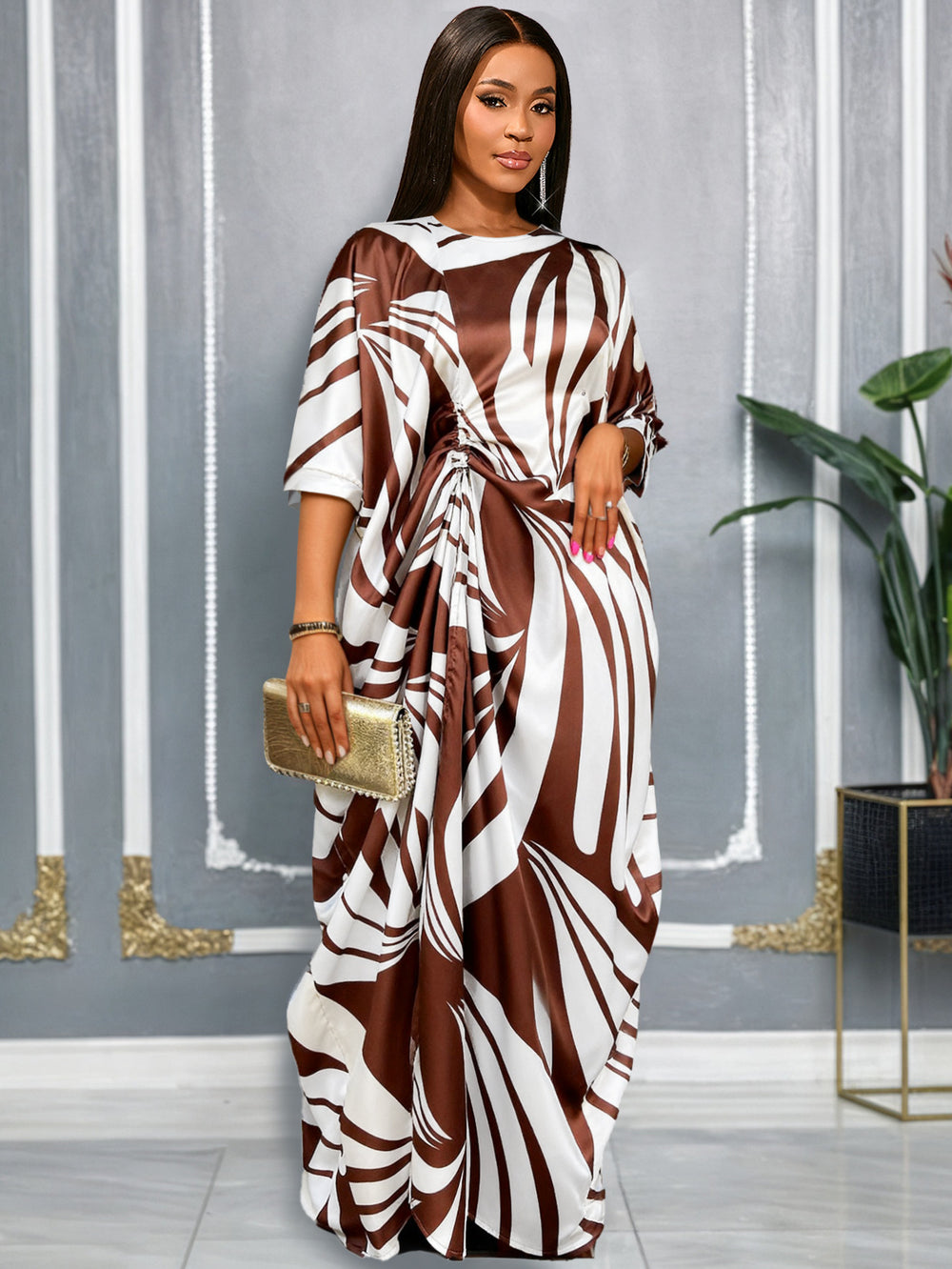 African print robe and pants set - drawstring tie-up loose top with casual wide-leg pants two-piece set