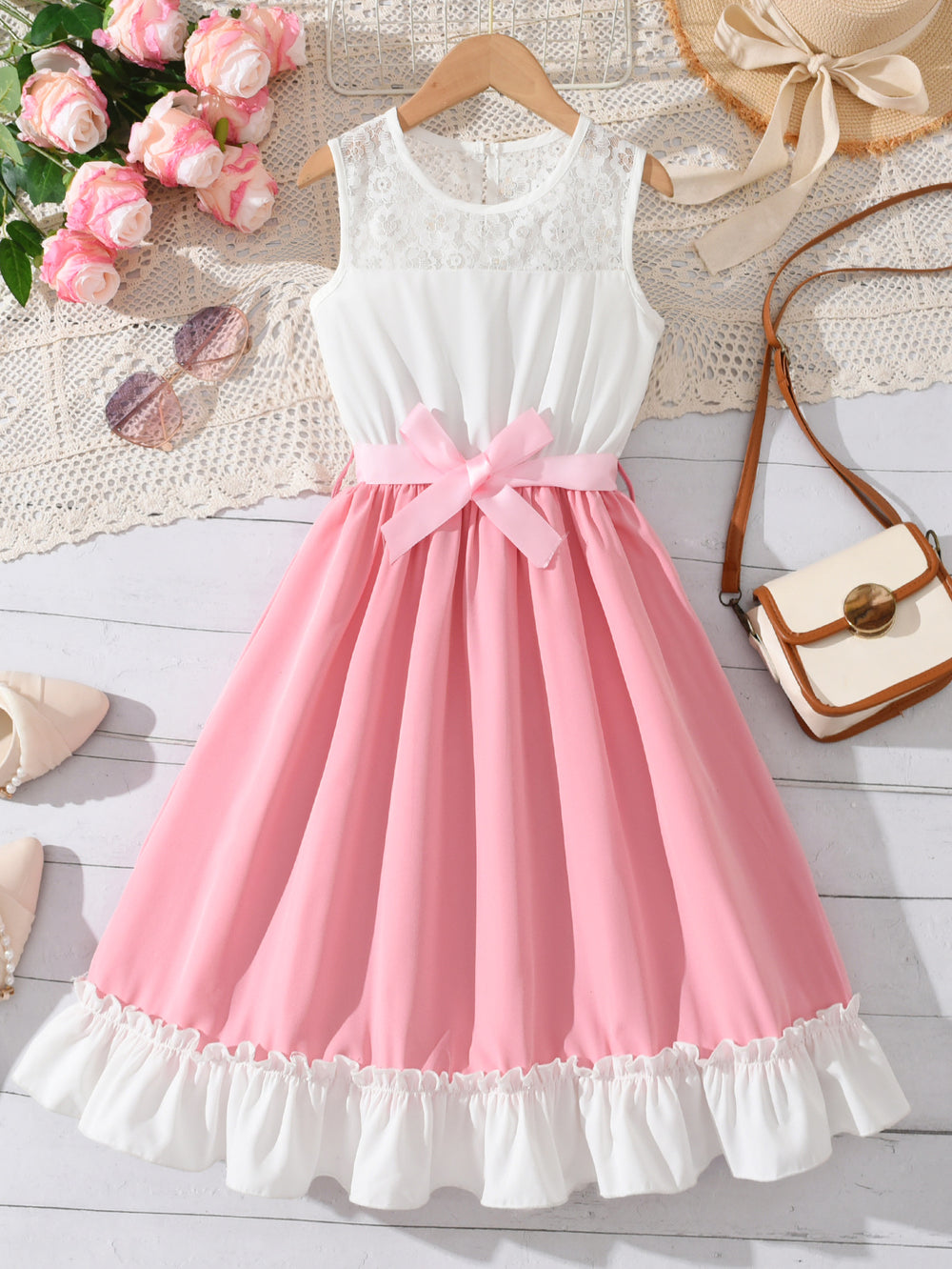 summergirldress sleeveless vest patchwork pink a-line skirt fungus edge hem kids long skirt