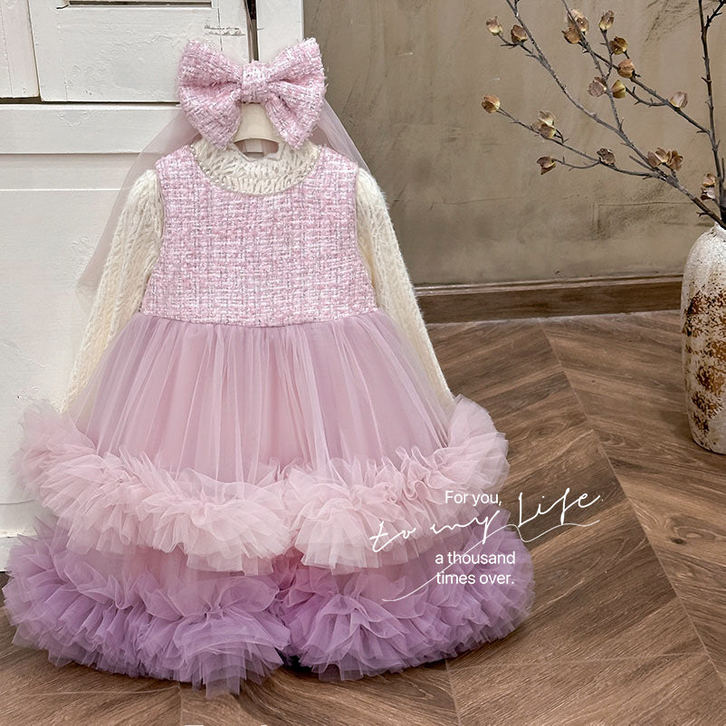 Girls' dress  autumn new collection: chanel-inspired wool blend vest dress with lace-trimmed top and mesh skirt set
