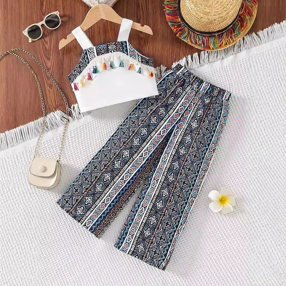 european and american style cross-border children's wear: solid color camisole top & ethnic print long pants two-piece set - exclusively for export