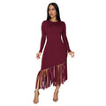 C7533 cross-border   fashion women's slim-fit solid color crew neck tassel hem dress