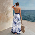 Amazon's new white bottom blue large flower suspender dress with beaded edge design, vest a-line long skirt