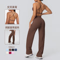 New arrival: cross-border brushed backless sports bra & breathable long-sleeve wide-leg yoga set - two-piece running & fitness outfit